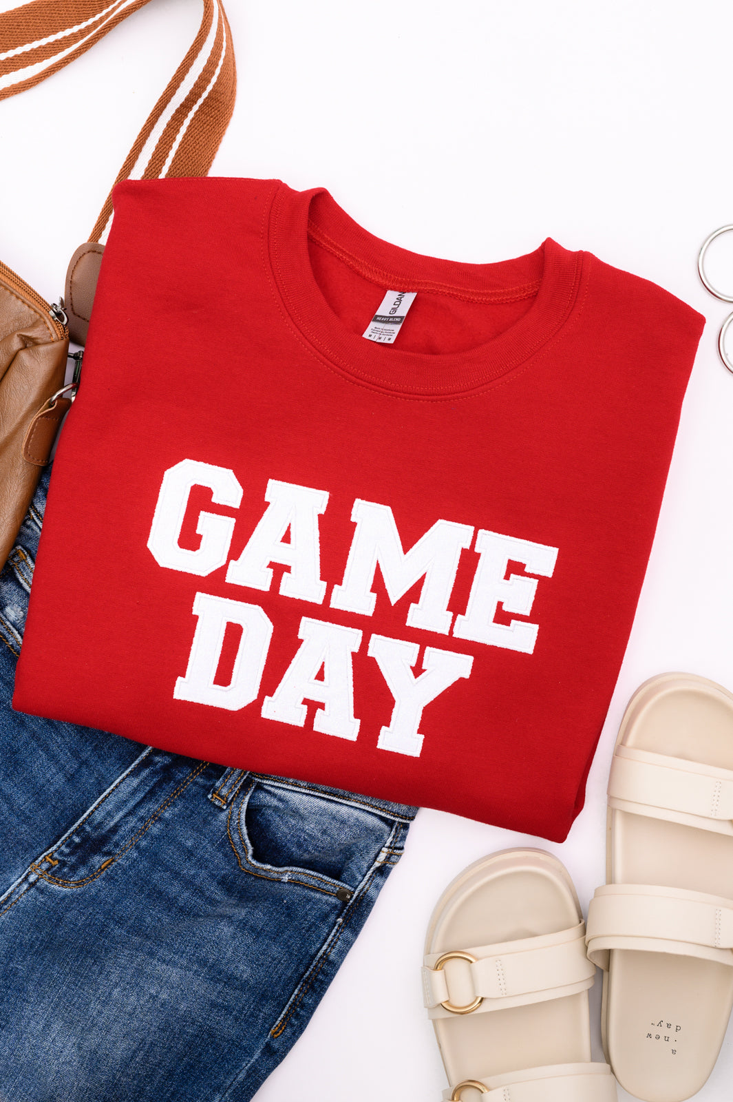 PREORDER: Embroidered Glitter Game Day Sweatshirt in Red/White