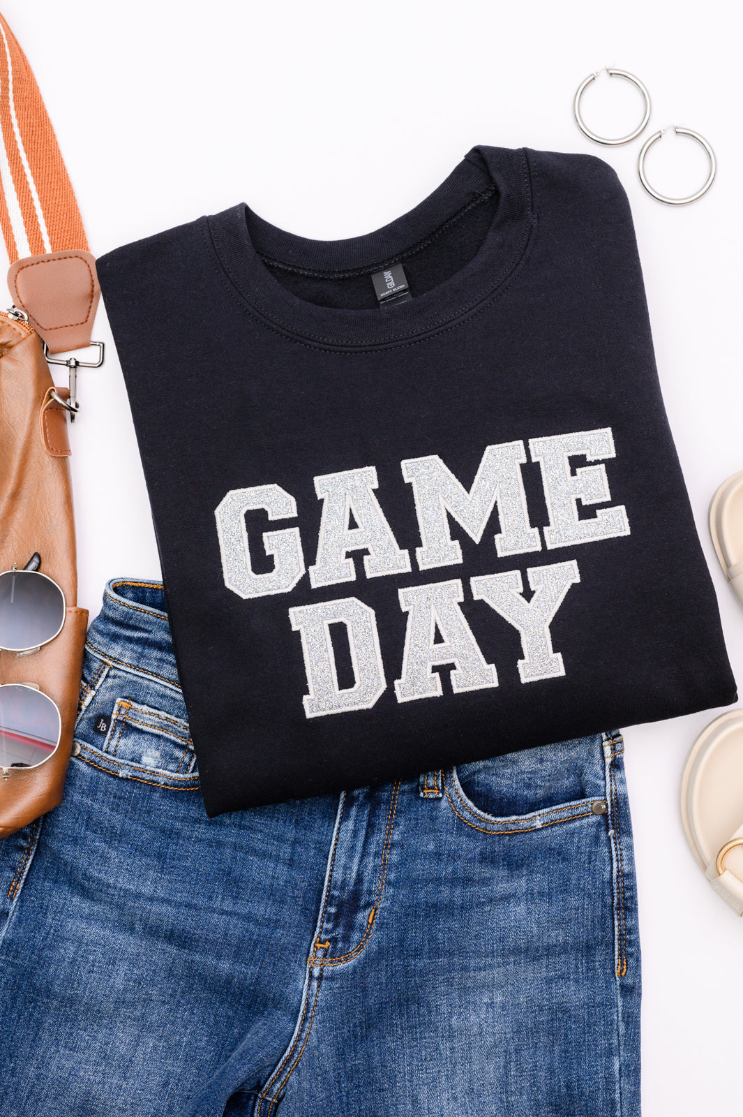 PREORDER: Embroidered Glitter Game Day Sweatshirt in Black/Silver